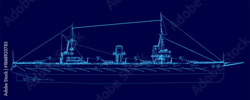 Detailed blueprint of a vintage warship with a visible stern, masts, and sails. The white contour drawing contrasts sharply against the solid blue background.