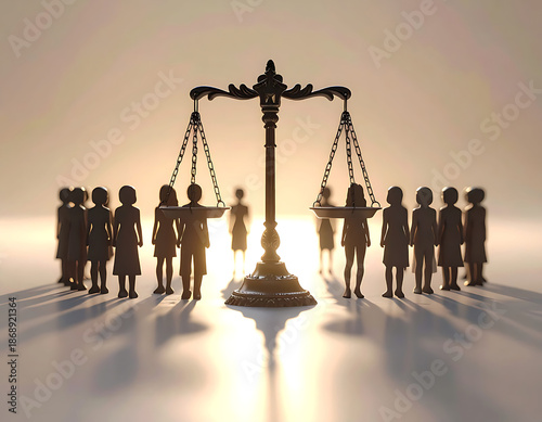 The concept of balanced justice is depicted with a towering scale surrounded by groups of diverse individuals, symbolizing human rights, social equality, and fair legal systems