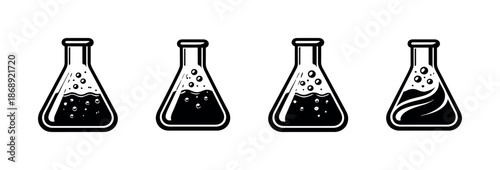 Chemistry flask vector icons set. laboratory glassware, bubbling beakers collection