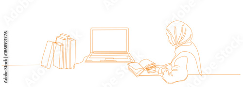 Continuous line drawing of a young professional Muslim business woman using a laptop and writing plans in her notebook