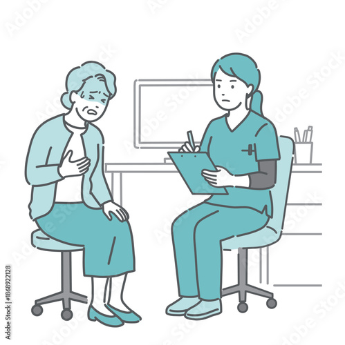 体調不良を訴える高齢女性と女性医師・看護師（スクラブ・救急）