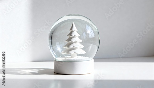 Minimalist Christmas snow globe with white Christmas tree, modern holiday still life on clean white background, elegant winter decor concept with copy space.