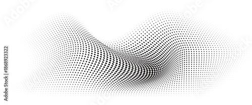 Flowing Wave Dot Halftone Pattern: Curve Gradient Shape on Transparent Background. Suitable for AI, Tech, Network, Digital, Science, and Technology Themes.