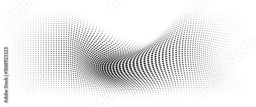 Flowing Wave Dot Halftone Pattern: Curve Gradient Shape on Transparent Background. Suitable for AI, Tech, Network, Digital, Science, and Technology Themes.