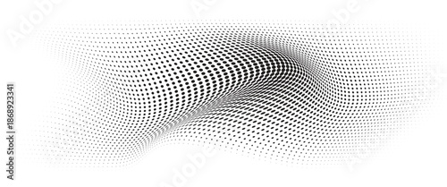Flowing Wave Dot Halftone Pattern: Curve Gradient Shape on Transparent Background. Suitable for AI, Tech, Network, Digital, Science, and Technology Themes.