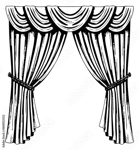 Hand drawn illustration of open curtains depicting a decorative valance for elegant interior design