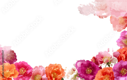 Borda floral vibrante em aquarela com flores coloridas, rosa, laranja e roxo, em um fundo branco transparente com espaço para texto.