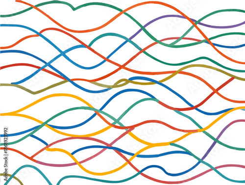 Fundo abstrato com múltiplas linhas onduladas coloridas e sobrepostas, criando um padrão dinâmico e vibrante para design moderno.