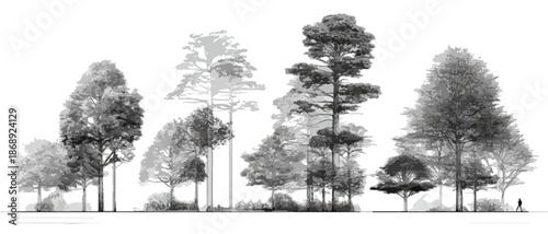 Ilustração transparente de uma linha de árvores variadas em preto e branco, ideal para projetos de paisagismo e arquitetura, com figura humana para escala.
