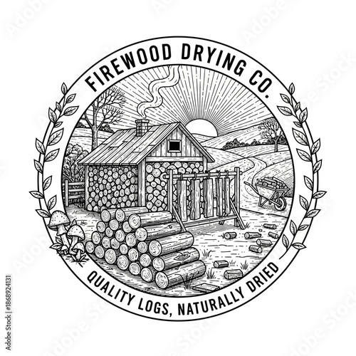 Rustic Cabin with Stacked Firewood and Drying Racks in a Rural Landscape.