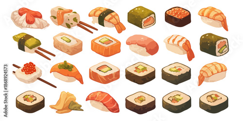 Uma coleção vibrante e diversificada de sushi e sashimi, ilustrando a rica culinária japonesa com fundo transparente.