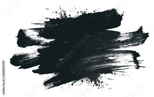 Pincelada preta abstrata com textura de tinta e salpicos, ideal para design gráfico, com fundo transparente e estilo grunge expressivo.