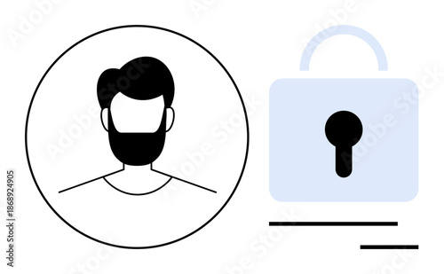 Online privacy, cybersecurity, identity protection, authentication, user profiles, digital access. Male avatar in circle next to padlock icon. Online privacy and cybersecurity