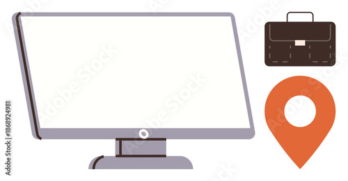 Online work, remote offices, digital navigation, business tools, professional services, work management. Monitor, location pin and briefcase icons. Online work and remote office concept