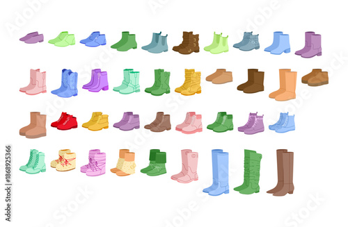 Boot color pair set. Chelsea work hiking duck cowboy, combat steel toe desert chukka platform, logger styles for men women unisex. Seasonal outdoor and footwear vector chart and fashion projects