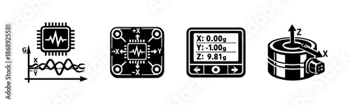 Sensor technology vector icons set: accelerometer, gyroscope, chip symbols