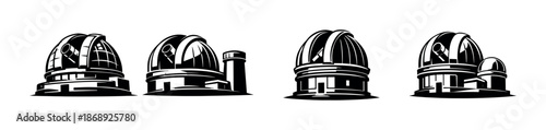 Observatory vector icons set: astronomical domes, telescope structures, science symbols