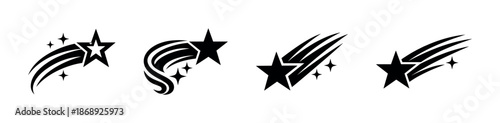 Shooting star vector icons set, flat celestial symbols, meteor and comet designs