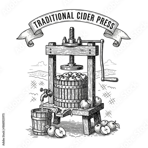 Traditional Cider Press Machine with Apples and Juice.