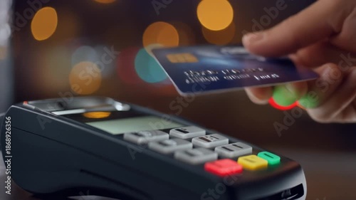 Close-up of a hand making a swift and secure contactless payment using a credit card at a modern point of sale terminal, illustrating advanced digital transaction technology and convenience in retail