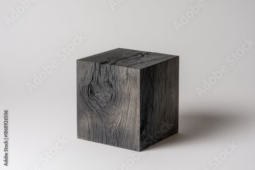 Yakisugi wood texture cube displays unique charred surface with natural grain pattern and dark tones creating striking modern minimalist aesthetic for interior design