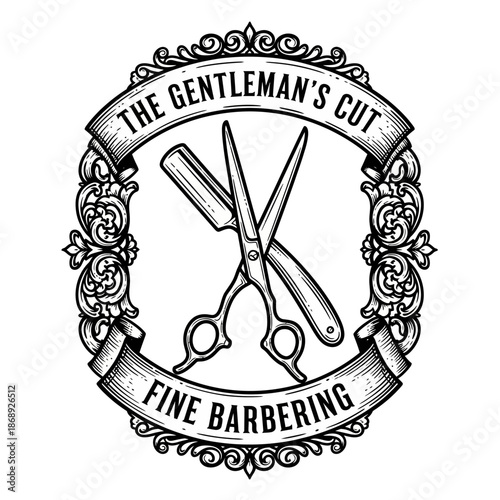 Vintage Barber Shop Logo with Scissors and Straight Razor.