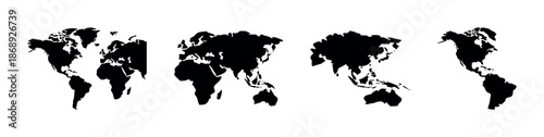 World map silhouettes vector icons set in flat design, geographical map symbols