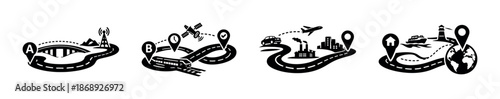 Transport and travel vector icons set with journey and navigation symbols