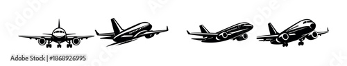 Airplane travel vector icons set: flat aircraft symbols for aviation and transport