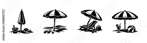 Beach essentials vector icons set: umbrellas, loungers, summer symbols in black