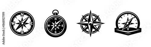 Compass vector icons set: four flat styles, navigation symbols, black compass designs