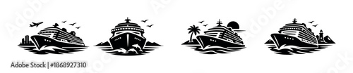 Cruise ship vector icons set. nautical vessels, ocean liners, maritime transport.