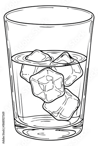 Hand drawn line art illustration of a glass with ice cubes depicting a cold beverage for a refreshing drink concept