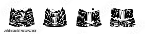 Waterfall vector icons set. scenic landscape symbols with cliffs and pine trees.