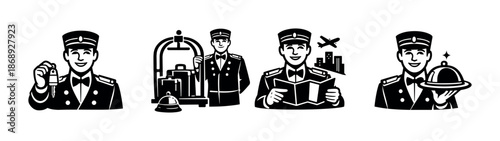 Bellhop service icons set: concierge, luggage, guide, hospitality symbols
