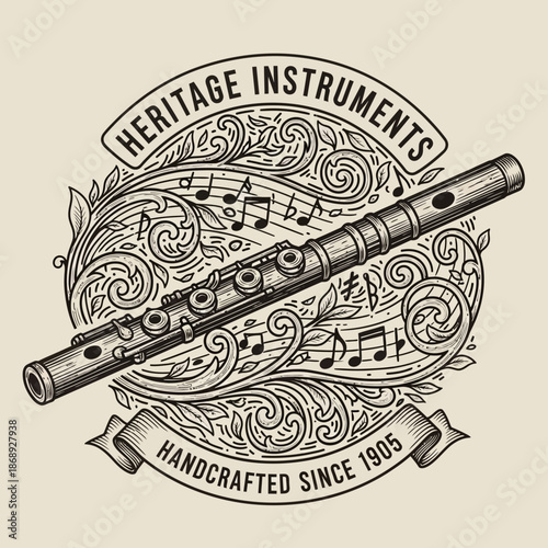 Vintage Flute Illustration with Musical Notes and Ornate Details.