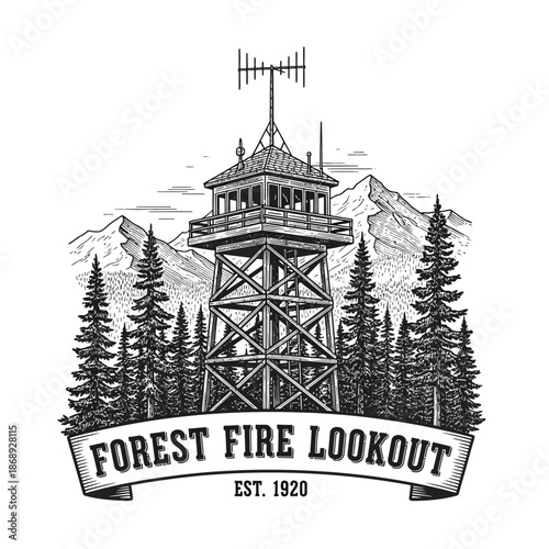 Vintage Forest Fire Lookout Tower Illustration.
