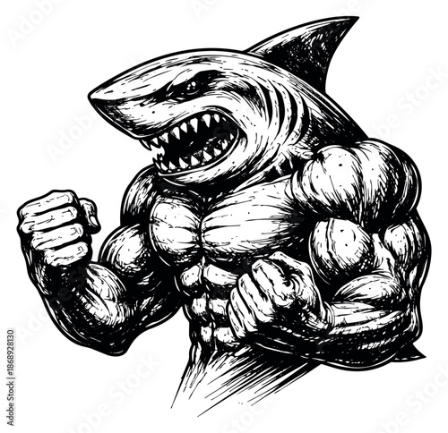 Hand drawn line art illustration of a muscular shark depicting strength and aggression for sports branding