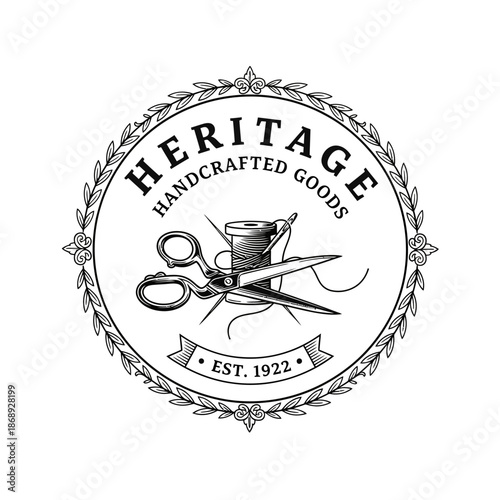 Vintage Handcrafted Goods Logo with Scissors and Thread Spool.