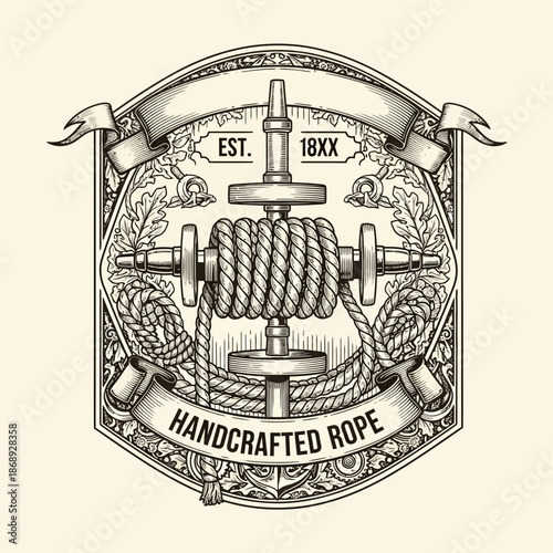 Vintage Handcrafted Rope Making Machine Emblem with Nautical Elements.