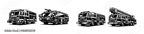 Fire truck vector icons set: emergency vehicle symbols, rescue, firefighting graphics