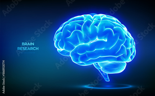 Brain. Human brain side view. Digital brain. Brain research medical science technology concept. Human mind. AI. Artificial intelligence. Neural network. Education. Brainstorming. Vector illustration.