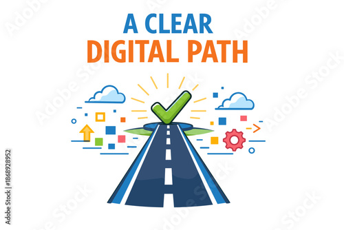 Clear digital path design with road, checkmark, and technology elements