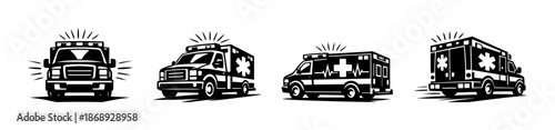 Ambulance vector icons set with emergency vehicle symbols and medical transport designs