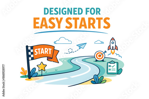 Easy starts concept with rocket, target, and road for beginners