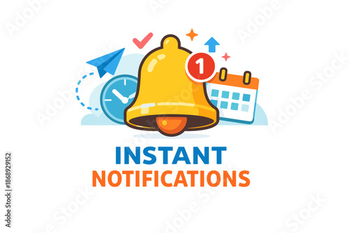 Instant notifications concept with bell, clock, calendar, and paper airplane icons