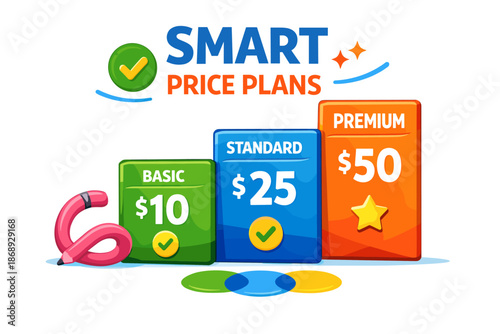 Creative pricing plan graphic with basic, standard, and premium options