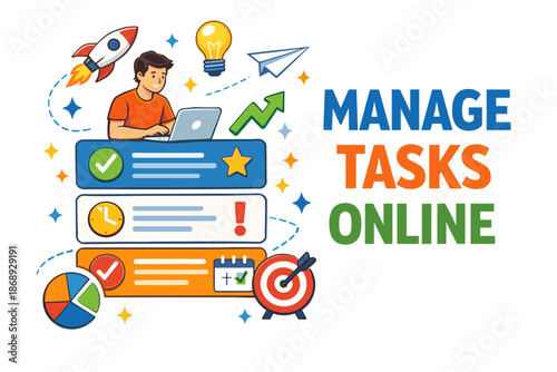 Male adult managing tasks online with laptop surrounded by digital elements