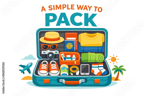 Efficient packing: organized open suitcase with travel essentials for vacation