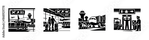 Airport travel vector icons set: airplane, terminal, boarding, passengers, symbols